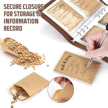 Seed Storage Organizer, Seed Packet Organizer Binder with 80Pcs Garden Seeds Storage Envelopes and 40 Clear Pocket Sheet Protectors for Protecting Vegetable Seeds (Brown, 9.1 x 6.5inch)