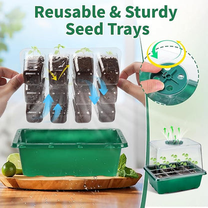 4-Pack Seed Starter Tray with Grow Light and Heat Mat, 48 Cells Seed Starter Kit with Adjustable Humidity Dome and Base, Germination Kit for Seed Growing Plant Propagation