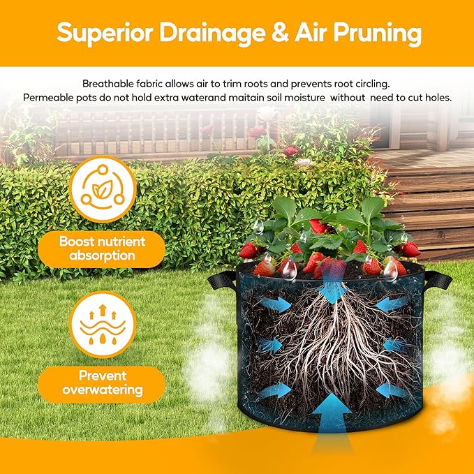 Simple Deluxe Grow Bags 5 Gallon 5 Pack Planter Pots with Handles, Thickened Nonwoven Fabric Aeration Cloth Bag, Heavy Duty Gardening for Tomoato, Potato, Vegetable, Herbs and Flowers, Black