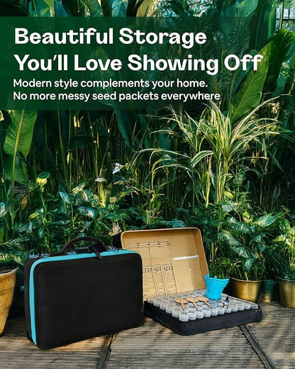 Seed Storage Organizer Box with 120 Containers, Zipper Bag, Seed Envelopes, Labels, Funnels & Tweezers – Seed Saver Storage Kit for Gardeners