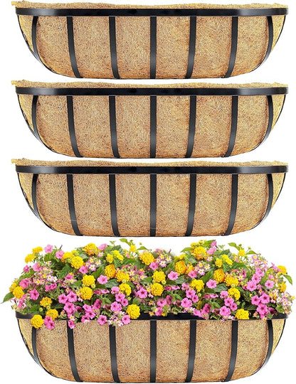 4pcs 24" Window Box Deck Railing Planter with Coco Liner, Metal Hanging Flower Planter Window Basket, Wall Planters Boxes with Horse Trough Coco Liner for Outdoor Indoor Balcony Porch Fence