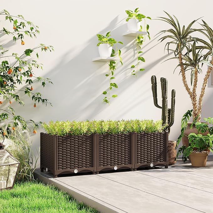 Outsunny 4 x 1 x 1 ft Raised Garden Bed, Indoor Outdoor Plastic Planter Box with Drainage Holes, Drain Plugs and Water Reservoirs for Vegetables, Herbs, Flowers & Succulents, Brown