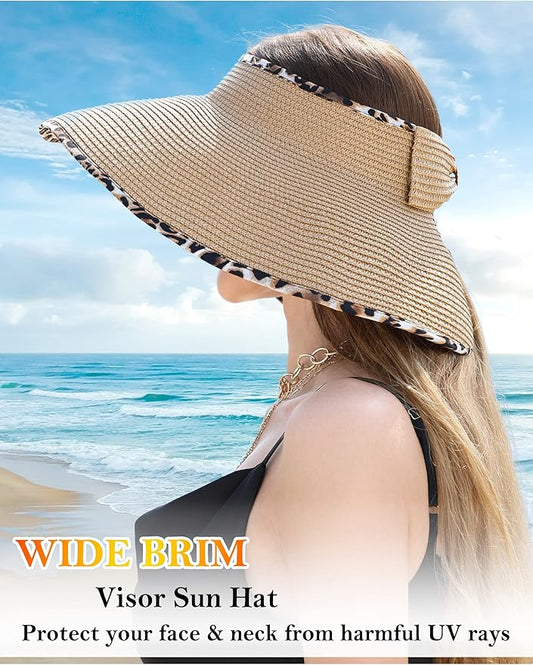 Womens Beach Straw Sun Hats Ponytail Hole Wide Brim Summer Visor Foldable Hat Sun Protection Packable for Travel Pool