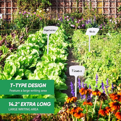 50 Pcs 14.2 Inch Plastic Plant Labels Tags T Type Plant Markers with Pen for Outdoor Indoor Garden Pot Herbs Flowers Vegetable(White)