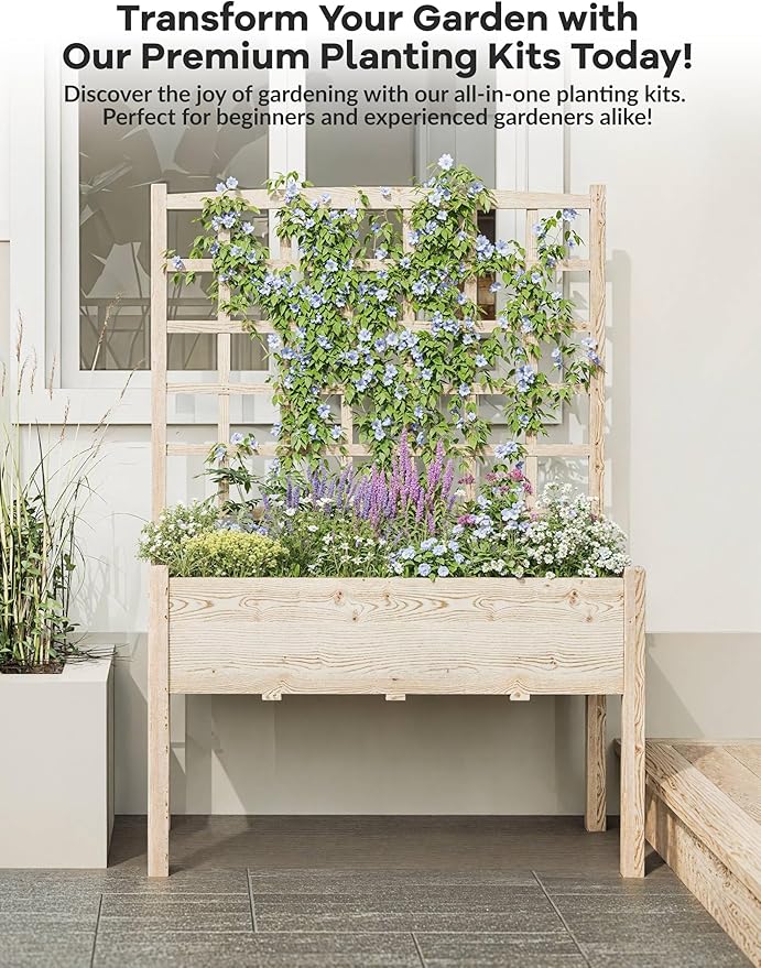 GarveeLife Raised Garden Bed with Trellis, Wood Elevated Planter Box Stand with Leg and Black Planter Liner, Standing Raised Planter Box for Climbing Flower Vegetable Herb