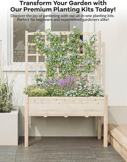 GarveeLife Raised Garden Bed with Trellis, Wood Elevated Planter Box Stand with Leg and Black Planter Liner, Standing Raised Planter Box for Climbing Flower Vegetable Herb