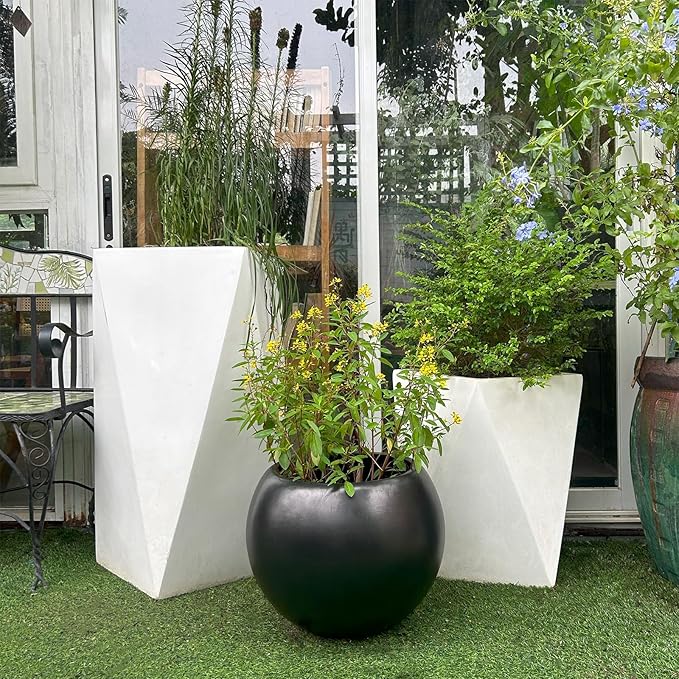 13.5 H x 17" Dia (12" Pot Opening) Black Round Fiberstone Planter with Drainage Hole, Indoor/Outdoor Large Plant Pot for Home Patio Garden, Ideal for Large Plants