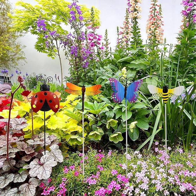 Veclotch 4Pcs Metal Insects Garden Stakes, 16"" H Rustic Butterfly, Bee, Dragonfly, Ladybug Stake, Decorative Spring Outdoor Garden Decor Planter Flower Pot Metal Stick for Patio,Lawn,Yard,Pathway