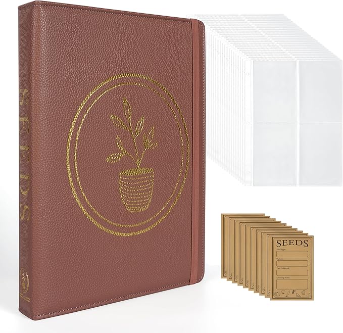 Seed Storage Organizer Binder – Holds 100 Seed Packets, Seed Packet Organizer Book w/Side Loading Sleeves, 4 Kraft Paper Dividers, Extra Pockets, 10 Blank Envelopes, Gift for Garden Enthusiasts.