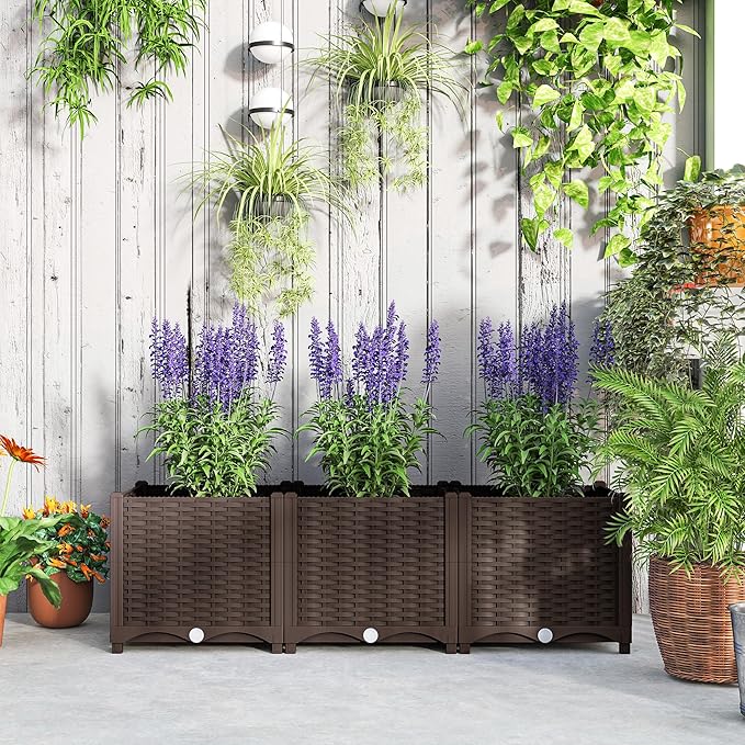 Outsunny 4 x 1 x 1 ft Raised Garden Bed, Indoor Outdoor Plastic Planter Box with Drainage Holes, Drain Plugs and Water Reservoirs for Vegetables, Herbs, Flowers & Succulents, Brown