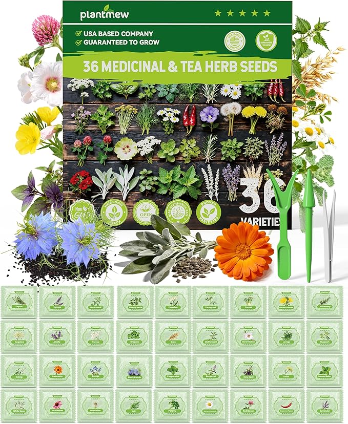 Medicinal Herb Seeds Variety Pack - 36 Heirloom Non-GMO Herbal Tea Garden Seeds: Chamomile, Lavender, Echinacea, Yarrow, Mugwort for Planting Indoor & Outdoor, Apothecary & Homesteading Supplies