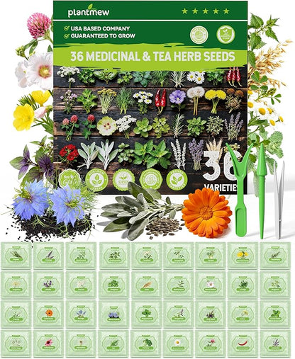 Medicinal Herb Seeds Variety Pack - 36 Heirloom Non-GMO Herbal Tea Garden Seeds: Chamomile, Lavender, Echinacea, Yarrow, Mugwort for Planting Indoor & Outdoor, Apothecary & Homesteading Supplies