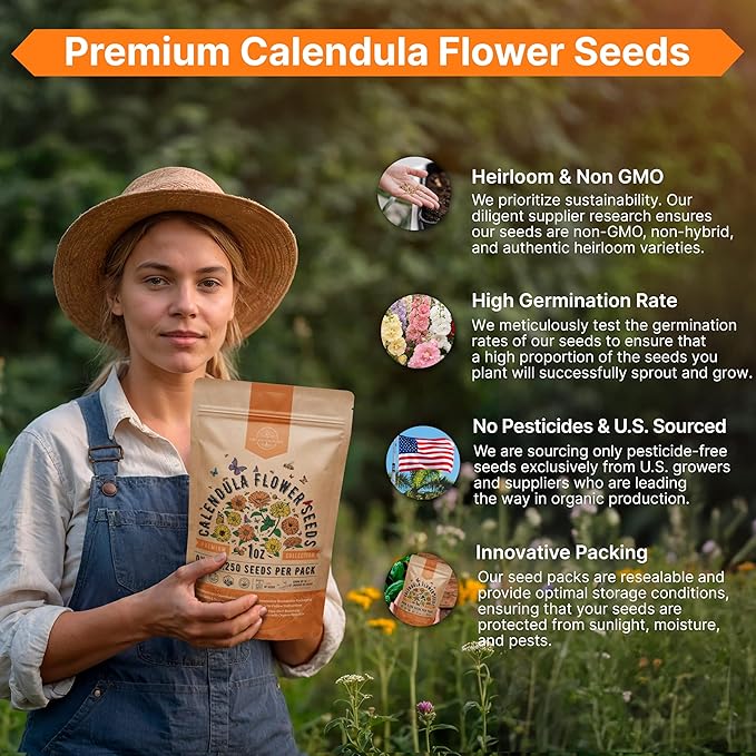 Calendula Seeds Pack 1 oz - Over 3,250 Non-GMO Heirloom Calendula Seeds for Planting Indoor & Outdoor Gardening, Flower Seed for Planting Home and Garden, Flowers Seed in Individual Packet