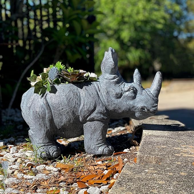 Zeckos Charming Grey Rhino MGO Planter with Drain Holes, 18.5 inches - Weather-Resistant Magnesium Oxide for Garden or Patio Decor - Unique Animal Theme Planter, Perfect for Indoor/Outdoor Use