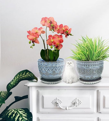 Ceramic Plant Pots. Flower Pots for Plants. Planter Pots with Drainage Holes and Saucers for Indoor Plants. 5.5 inches Wide, 4.3 inches Deep. Set of 2.