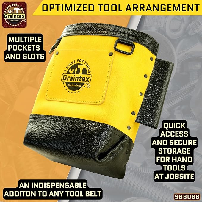 Graintex Nut & Bolt Bag Yellow Color Premium Quality Suede Leather Tool Bag, Tool Belt for Ironworker Tools, Bull Pin Loops, Ideal for Heavy-Duty Use, Bolt Bags for Construction Professionals - SB8088