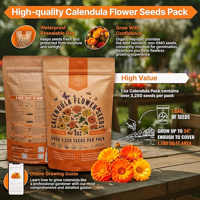 Calendula Seeds Pack 1 oz - Over 3,250 Non-GMO Heirloom Calendula Seeds for Planting Indoor & Outdoor Gardening, Flower Seed for Planting Home and Garden, Flowers Seed in Individual Packet