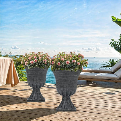22" Large Urn Planters Set of 2, Washed Black Planters for Indoor Outdoor Plants, Versatile Outdoor Flower Pots w/Drainage Holes for Balcony, Patio, Garden, Porch & Living Room Decor