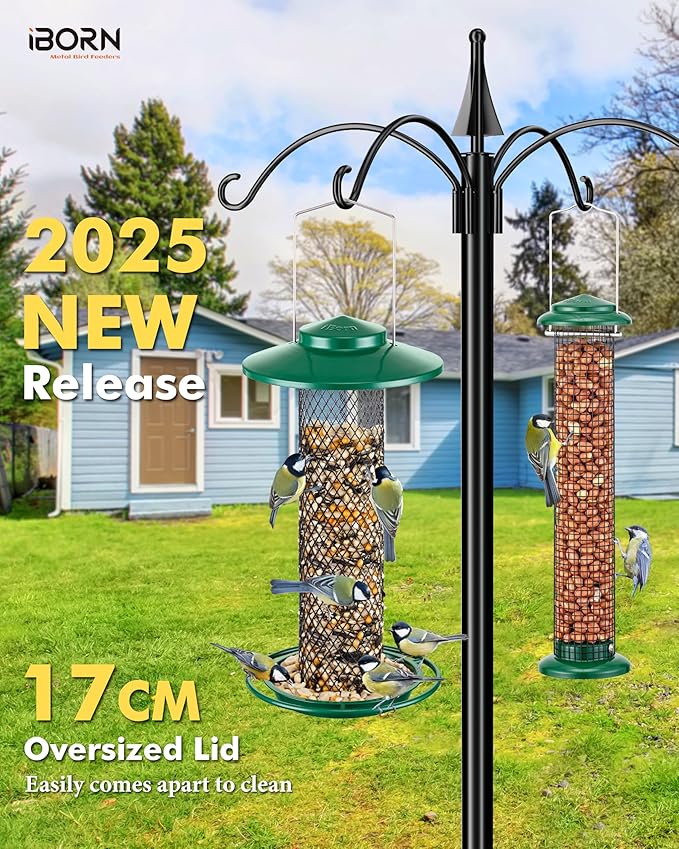 iBorn Peanut Bird Feeder,Sunflower Seed Feeder,13.5 Inch Metal Mesh Tube Bird Feeders for Outdoors Hanging,Squirrel Proof Birdfeeders for Peanut with 17cm Weatherproof Roof & Tray,2 LB Capacity,Green