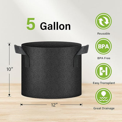 HealSmart Plant Grow Bags 5 Gallon, Tomoato Planter Pots 10-Pack with Handles, Aeration Nonwoven Fabric, Heavy Duty Gardening Planter for Vegetable, Herbs and Flowers, Black