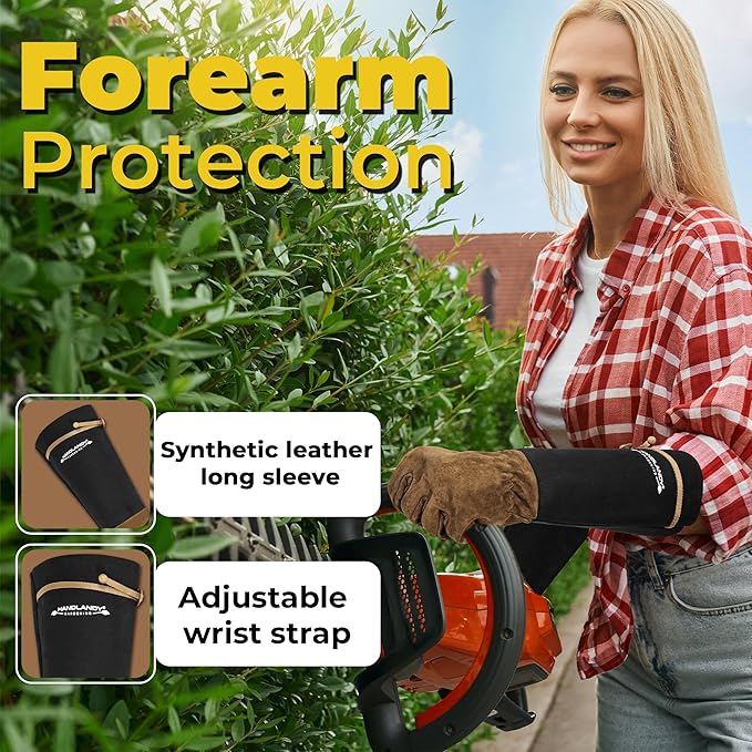HANDLANDY Long Gardening Gloves for Men & Women, Pigskin Leather Rose Pruning Gloves, Breathable Thorn Proof Gauntlet Glove (Brown-Pigskin, M)