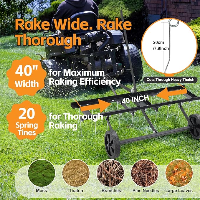 Tow Behind Dethatcher: 40inch Pull Behind Lawn Rake with 20 Spring Steel Tines Heavy Duty Lawn Tractor Attachments for Large Yard Garden Care