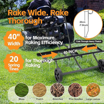 Tow Behind Dethatcher: 40inch Pull Behind Lawn Rake with 20 Spring Steel Tines Heavy Duty Lawn Tractor Attachments for Large Yard Garden Care