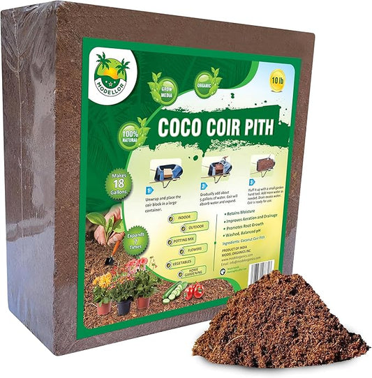 MODELLOR (10 lb) Premium Super Washed Coco Coir Brick, High Yield 18 to 20 gallons, Seed Starter, Organic, pH Balanced, Gardening, Indoor, Outdoor use