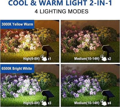 Solar Lights Outdoor Waterproof IP65, Super Bright LED, 2CCT 4 Lighting Modes 3000K/6500K Selectable, Solar Powered Yard Garden Solar Spot Lights for Outside Landscape Auto On/Off -2 Pack