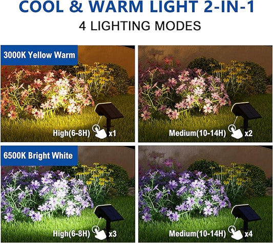 Solar Lights Outdoor Waterproof IP65, Super Bright LED, 2CCT 4 Lighting Modes 3000K/6500K Selectable, Solar Powered Yard Garden Solar Spot Lights for Outside Landscape Auto On/Off -2 Pack