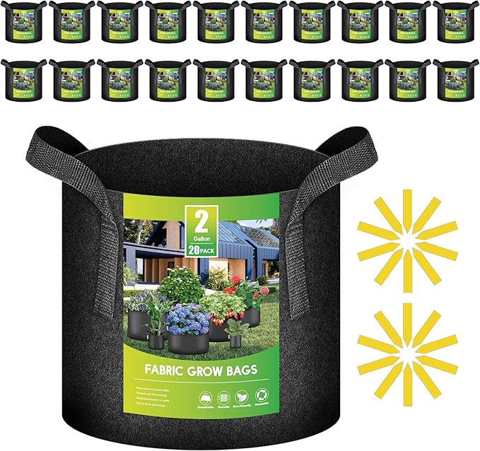 iPower 20-Pack 2 Gallon Grow Bags 300G Thick Nonwoven Aeration Fabric Pots Heavy Duty Plant Containers with Handles for Garden Planting, Black