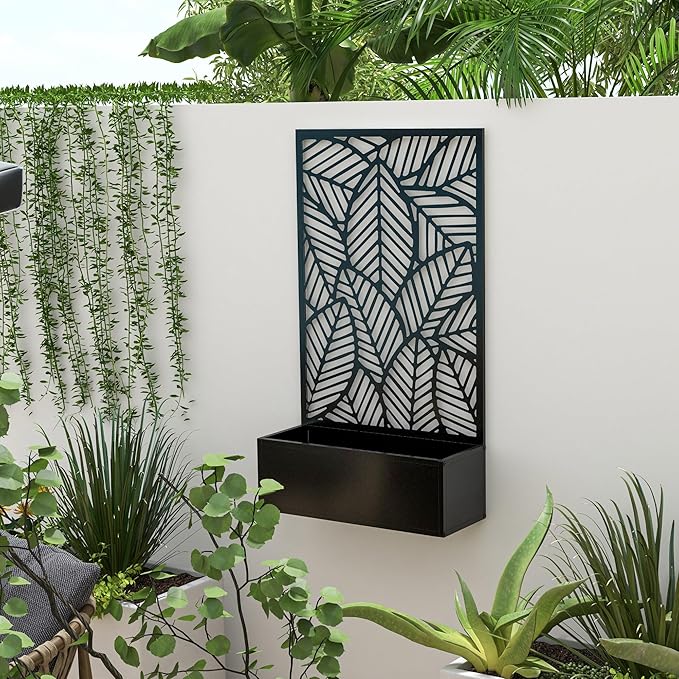 Outsunny Outdoor Privacy Screen with Planter Box, Metal Privacy Panel, and Raised Garden Bed, Wall-Mounted or Freestanding for Garden, Patio, Pool, Hot Tub, Black