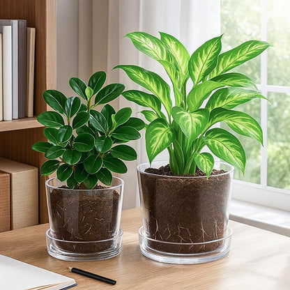 Phoenix Vine 8 Inch 10 Inch Clear Acrylic Houseplants Planter Pot with Tray, Orchid Pot with Drainage Holes, Deep Saucer for Bottom Watering, Transparent Containers for Indoor Plants, Herbs, 91-B-Y