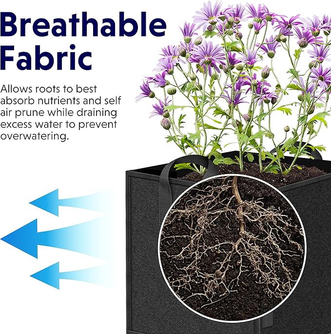 iPower GLGROWBAGCUBIC3X5V1 5 Pack 3 Gallon Square Grow Bags Thickened Fabric Pots with Handles and Stick Holders for Poles, Black