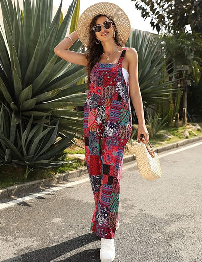 Fiona Jolin Overalls Women Summer Boho Floral Loose Wide Leg Jumpsuits with Pockets Patchwork Bib Overalls