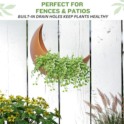 Wall Planter with Drain Holes – Outdoor Hanging Moon Planter for Fence, Patio, or Garden – Boho Crescent Wall Decor for Succulents, Air Plants, Herbs & Flowers – Witchy Gifts for Plant Lovers