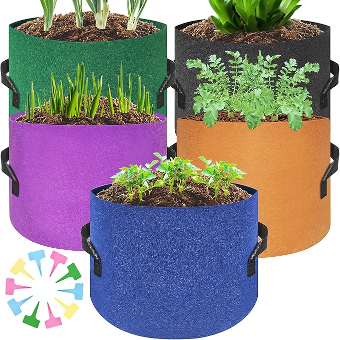 HAOWIN 400G Thickest 5-Pack 10 Gallon Grow Bags, Thickest Fabric Pots, Colorful Plant Grow Bags, Plant Labels Included Potato Growing Bags