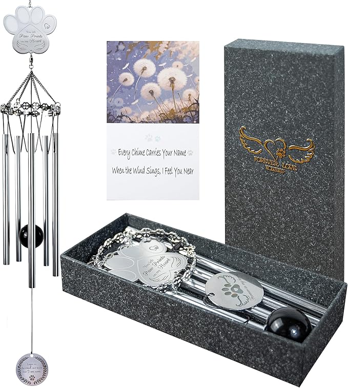 Paw Print Pet Memorial Wind Chime - Sympathy Gifts for Loss of a Dog or Cat, Bereavement Windchimes Outdoor in Memory of Beloved Pet,Pet Memorial Gifts with Keepsake Card
