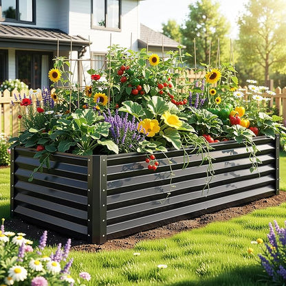 YITAHOME 6x3x1.5 ft Galvanized Raised Garden Bed Kit, Large Metal Planter Box with Gloves & Support Rod, Outdoor Flower Bed for Plants Vegetables, Black