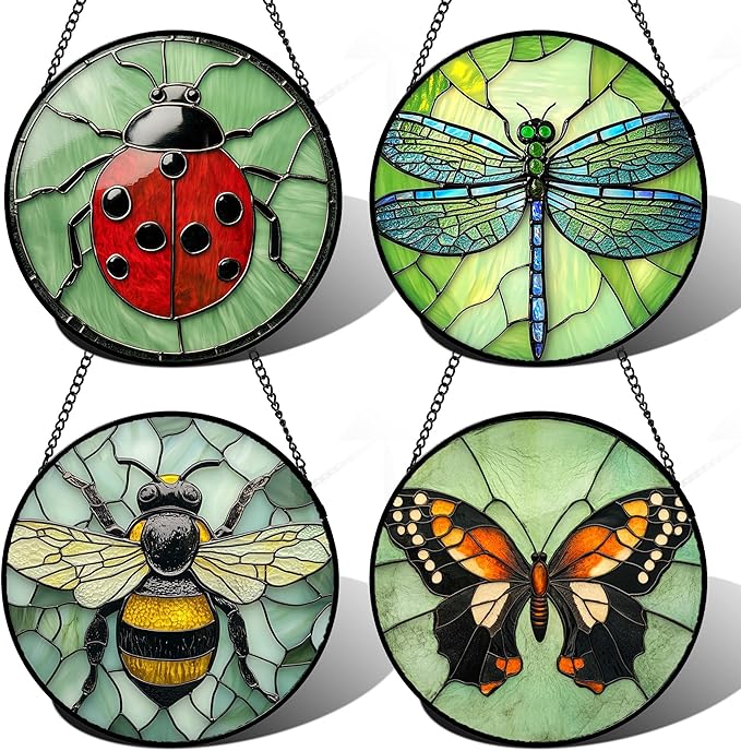 Stained Glass Window Hanging 4 Pcs Set Butterfly Dragonfly Bee Ladybug 9.8" - Suncatcher Door Garden Sun Catcher Decor Birthday Mother's Day for Mom Woman Nana Men