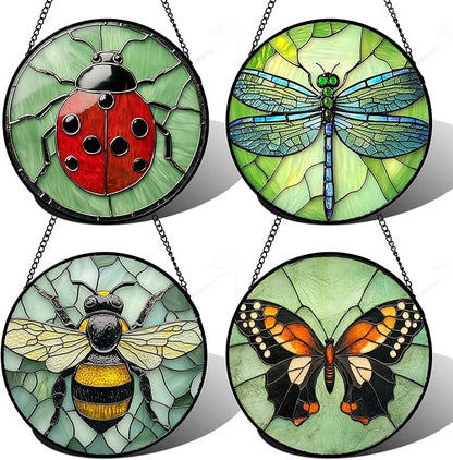 Stained Glass Window Hanging 4 Pcs Set Butterfly Dragonfly Bee Ladybug 6.3" - Suncatcher Door Garden Sun Catcher Decor Birthday Mother's Day for Mom Woman Nana Men