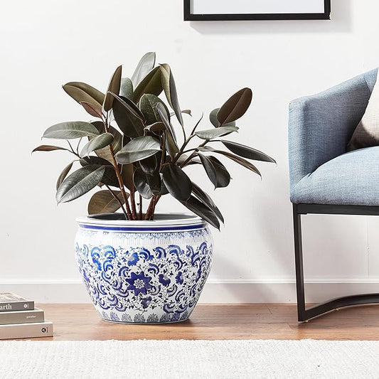 Red Lantern 16" Floral Blue & White Porcelain Fishbowl Planter