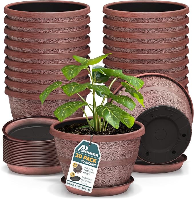 10-Inch Whiskey Barrel Planters Outdoor Pack of 20 - Durable Plastic Plant Pots for Indoor & Outdoor Use with Drainage & Saucer, Lightweight Rustic Barrel Planters for Flowers, Herbs & Small Plants