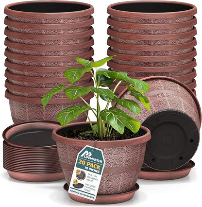 10-Inch Whiskey Barrel Planters Outdoor Pack of 20 - Durable Plastic Plant Pots for Indoor & Outdoor Use with Drainage & Saucer, Lightweight Rustic Barrel Planters for Flowers, Herbs & Small Plants