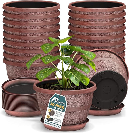 10-Inch Whiskey Barrel Planters Outdoor Pack of 20 - Durable Plastic Plant Pots for Indoor & Outdoor Use with Drainage & Saucer, Lightweight Rustic Barrel Planters for Flowers, Herbs & Small Plants