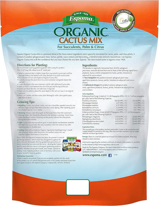 Espoma Organic Cactus Potting Soil Mix, Natural & Organic Soil for Cactus, Succulent, Palm, and Citrus Grown in containers Both Indoors and Outdoors, 8 qt, Pack of 2