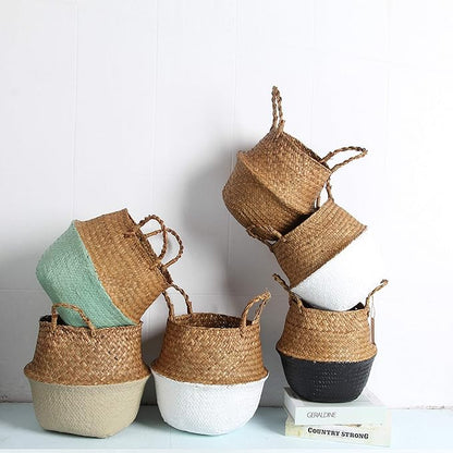 Woven Seagrass Belly Basket for Storage, Laundry, Picnic, Plant Pot Cover, and Grocery and Toy Storage (Large, White)