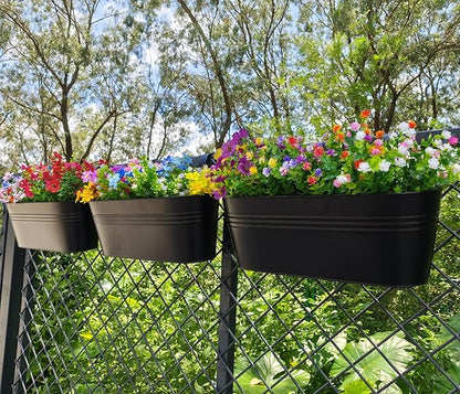 3 Pcs Large Balcony Planters Railing Hanging Flower Pots- 16.2 Inch Metal Railing Planter Box Fence Planters for Outdoor Plants with Detachable Hooks and Drain Holes for Garden Decor (Black-16.2inch)