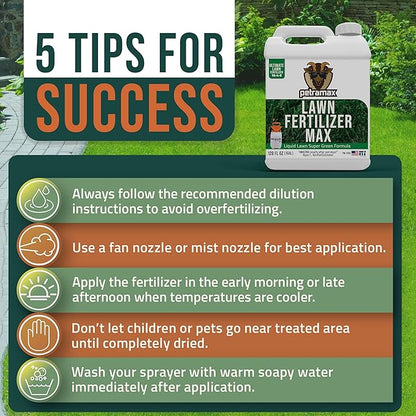 PetraMax Liquid Lawn Fertilizer for Lawns Concentrate - Liquid Fertilizer for Lawns, Food for Grass - 16-4-8 High Nitrogen Lush Green Grass, Phosphorus for Strong Roots - Apply Spring & Summer (1 Gal)