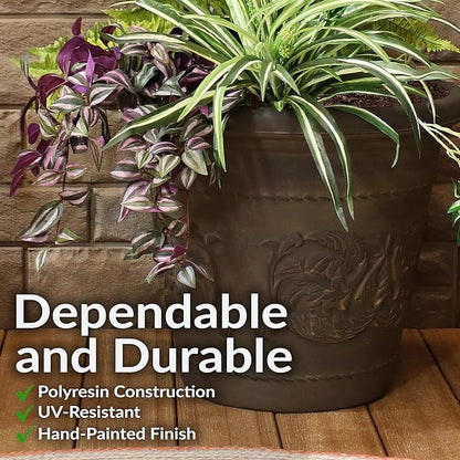 Sunnydaze 19.5-Inch Arabella Large Plastic Pot for Plants - Outdoor Double-Walled Polyresin Large Plastic Planter with Drillable Drainage Holes - Sable - 2-Pack
